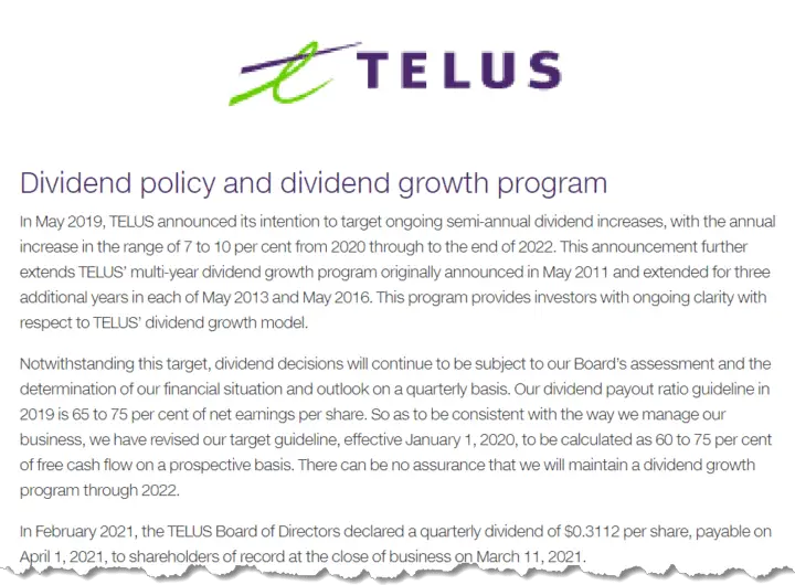 March 2021 Telus Dividend Policy from Investor Relations