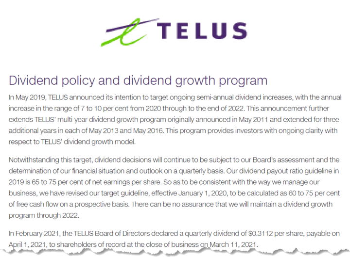 March 2021 Telus Dividend Policy from Investor Relations